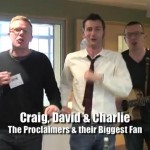 David Tennant and Craig and David of The Proclaimers standing in a line dancing