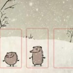 three cartoon hedgehogs standing in the snow