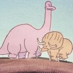 Cartoon disosaurs Pink T-Rex and Peach Triceratops