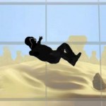 Side view of Darth CVader falling in front of windows on an office building