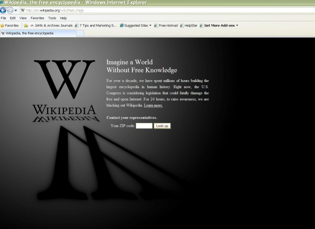 Wikipedia's blackout page to protest censorship, SOPA, and PIPA