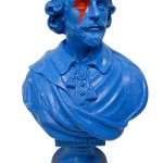 Bust of Shakespeare painted bright blue with red flash over eye.