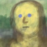 primitive looking unfinished Mona Lisa finger painting with blue dots for eyes