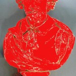 poorly colorized red bust of William Shakespears