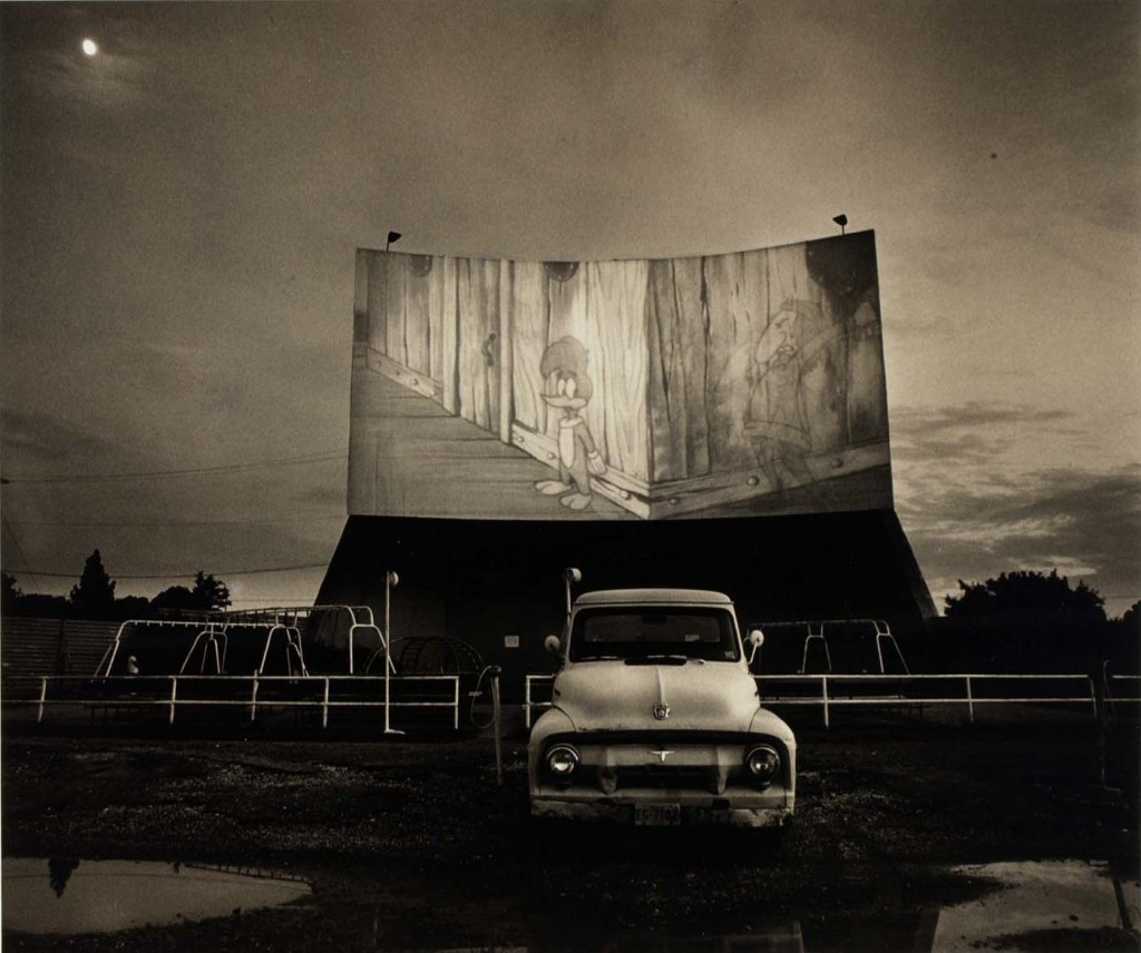 Woodie Woodpecker on drive in theater screen in 1949, photographer Steve Fitch