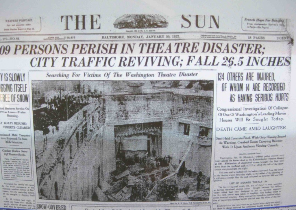 Front page of Baltimore Sun announcing Kickerbocker Theater roof collapse under weight of snow from the 1922 storm that was later named after the disaster.