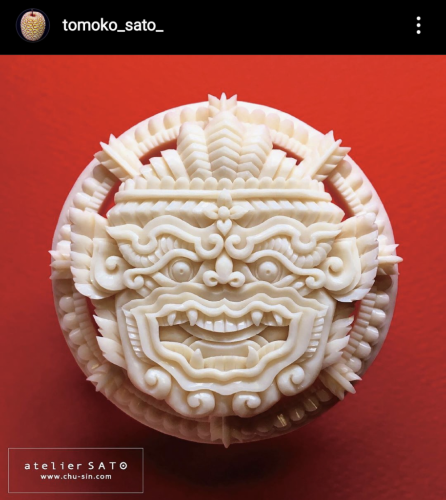 White dragon face soap carving by Tomoko Sato